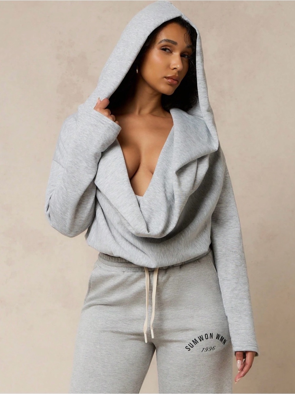 Missguided Light Gray Draped Hooded Sweatshirt